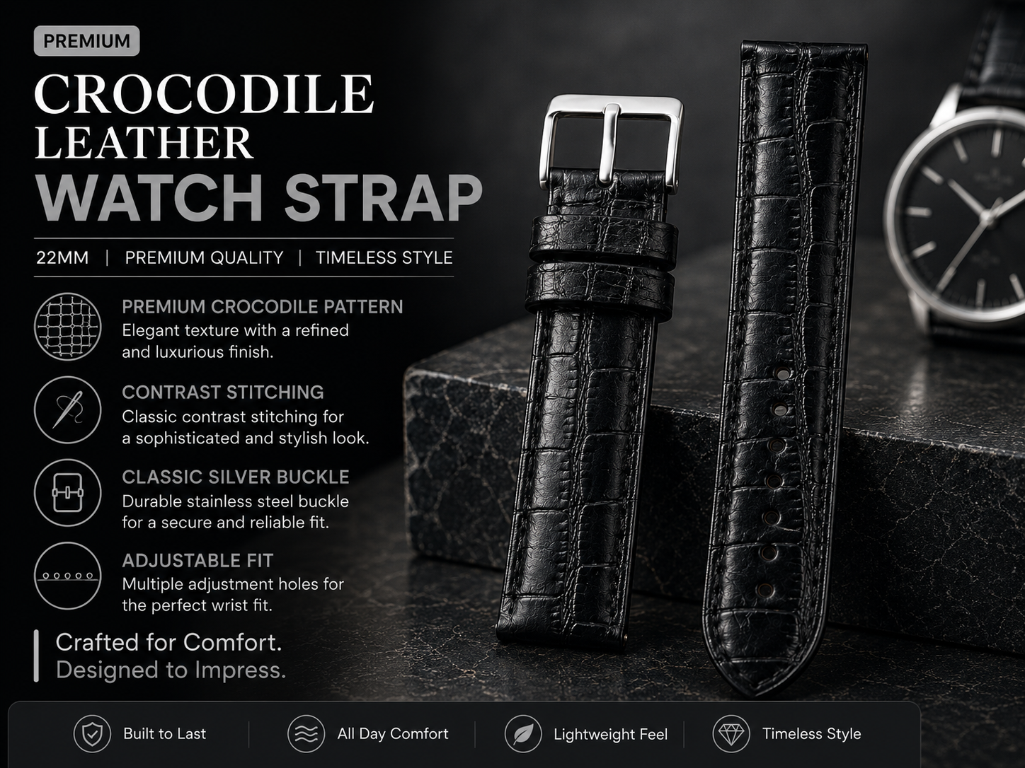 Black Crocodile Pattern Leather Watch Strap 22mm with Classic Silver Buckle 3