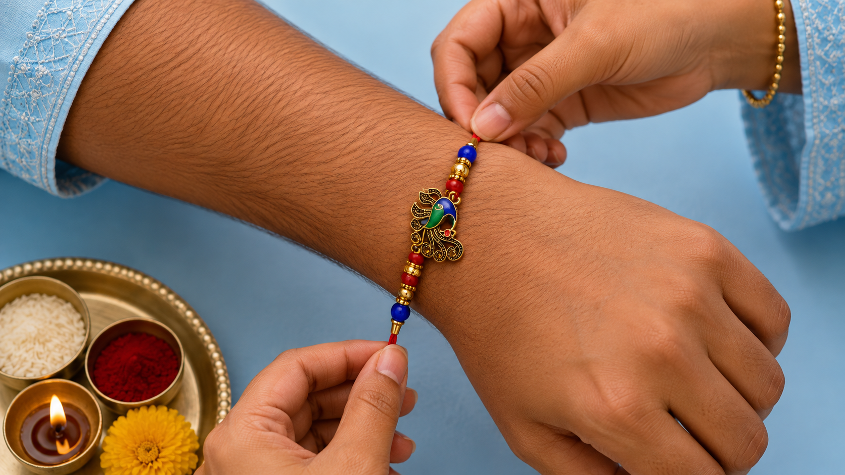 Peacock Designer Rakhi with Red Thread 2
