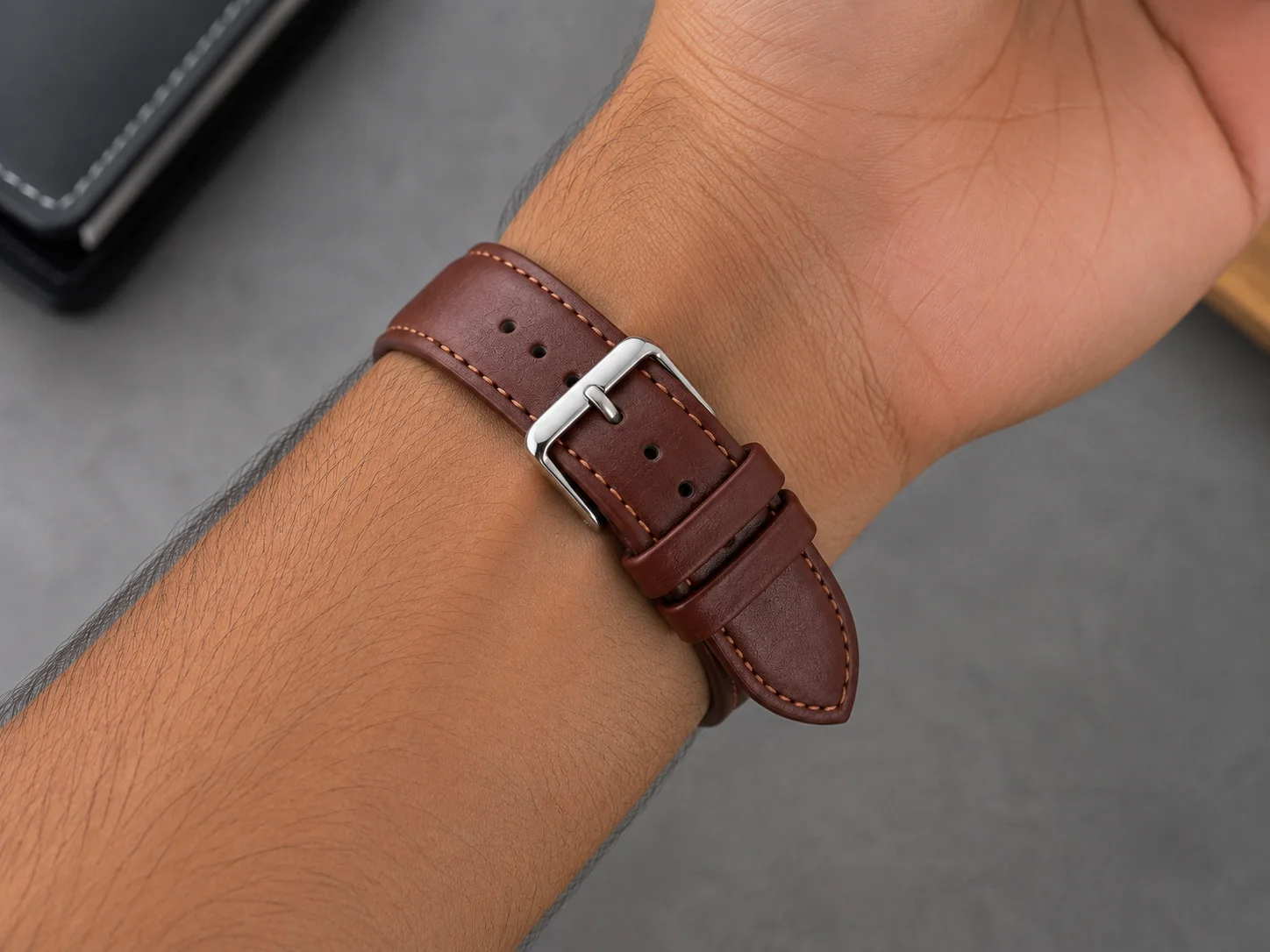 Dark Brown Leather Watch Strap 24mm with Contrast Stitching & Classic Silver Buckle 4