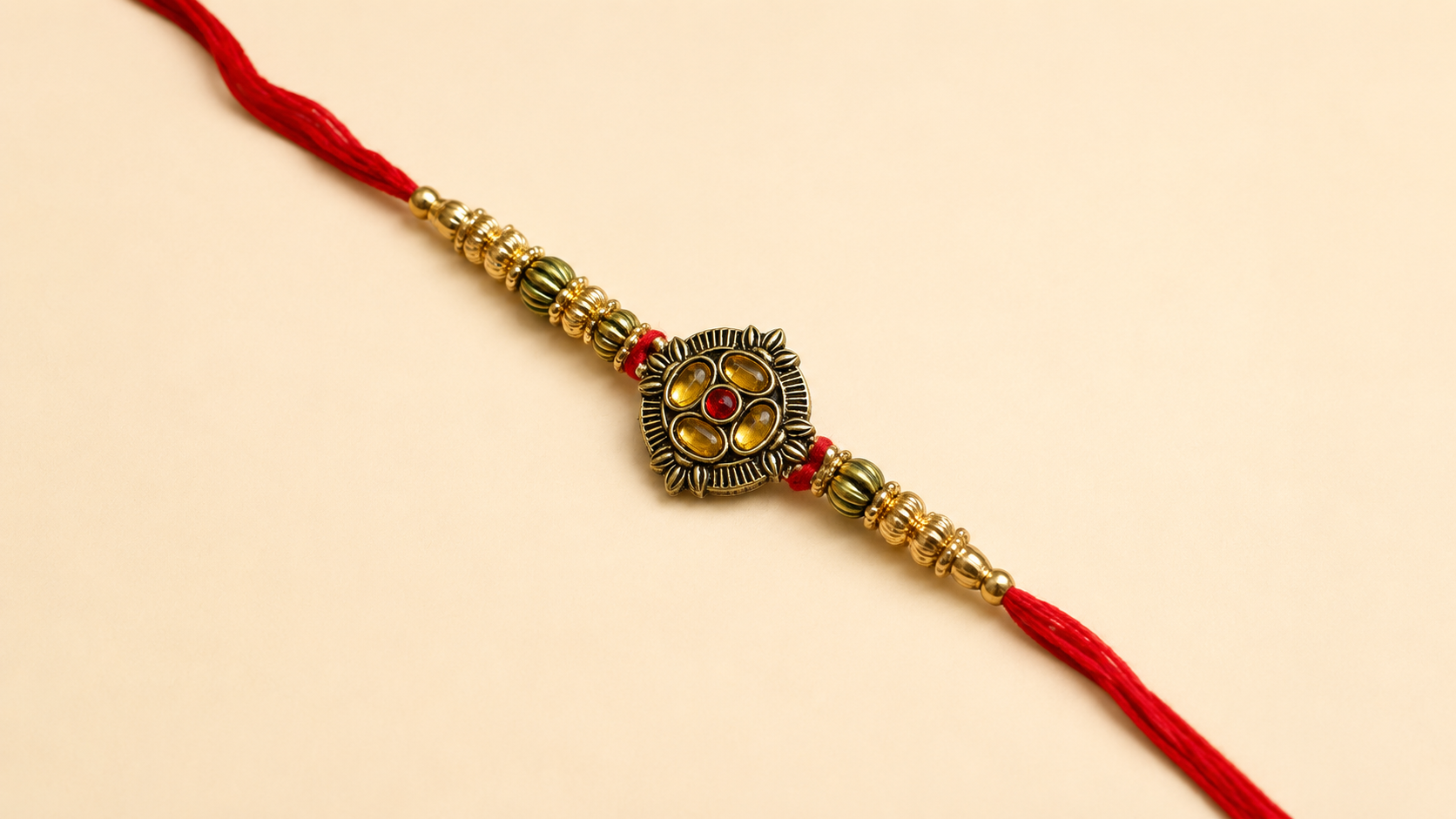 Traditional Red Thread Gold Bead Designer Rakhi
