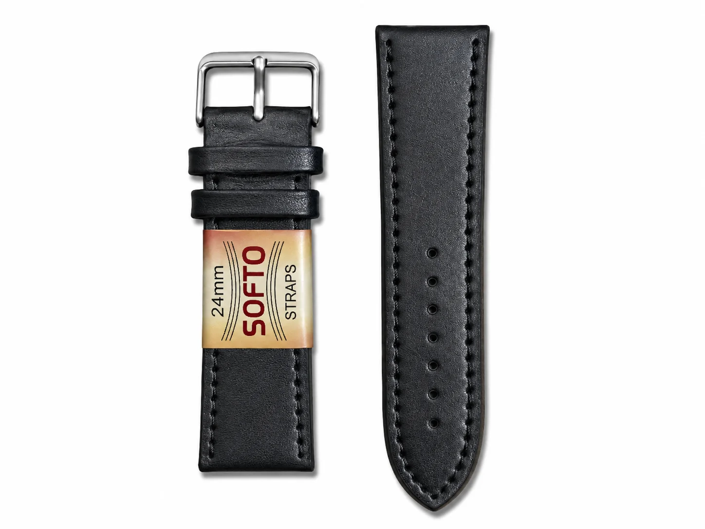 Black Leather Watch Strap 24mm with Matching Stitching & Silver Buckle