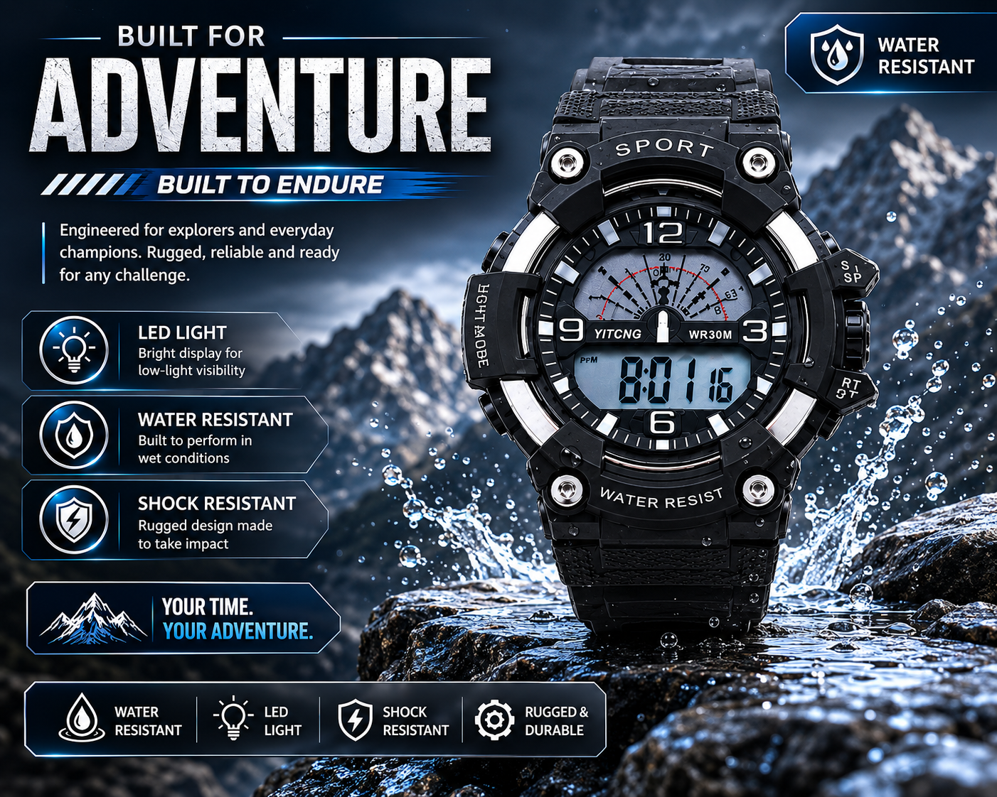 Water Resistant Digital Sports Watch for Men Black Outdoor Style Watch 2