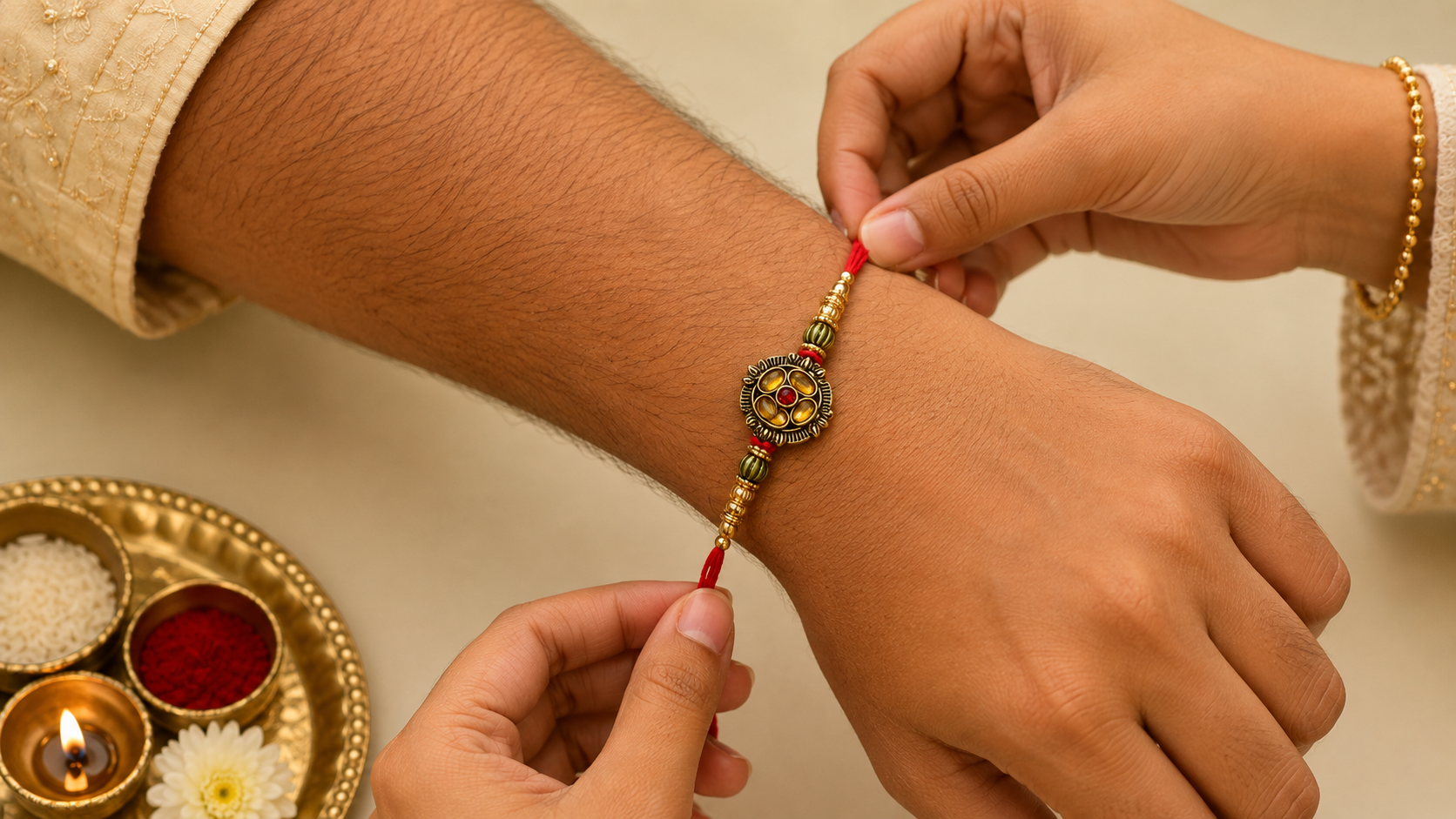 Traditional Red Thread Gold Bead Designer Rakhi 2