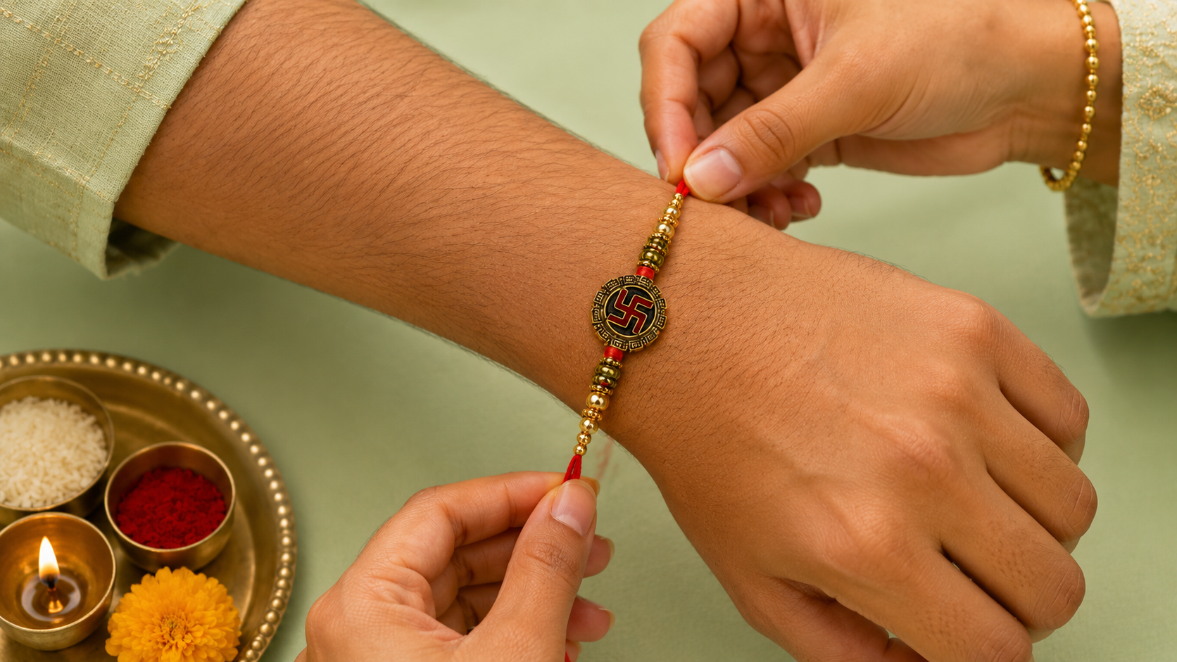 Red Thread Gold Swastik Designer Rakhi 2