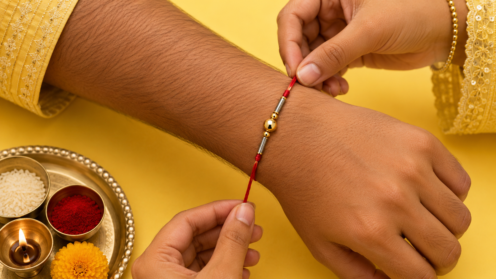 Simple Red Thread Rakhi with Golden Bead 2