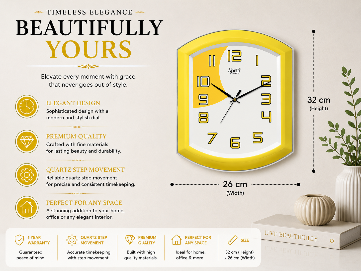 Ajanta 1997 Yellow Fancy Wall Clock – Compact Design for Office & Home 2