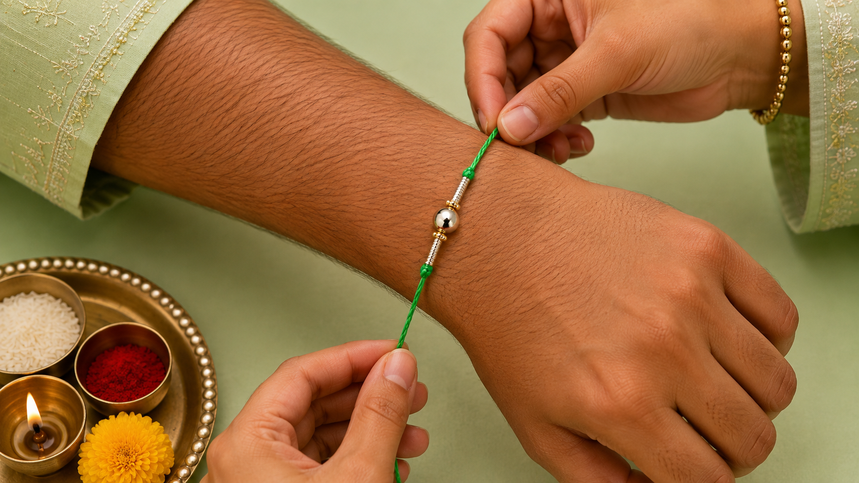 Simple Green Thread Rakhi with Golden Bead 2