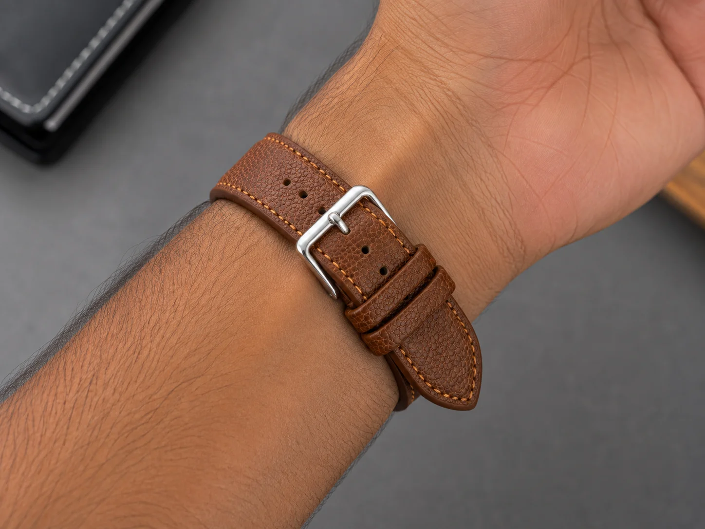 Tan Brown Textured Leather Watch Strap 24mm with Classic Silver Buckle & Contrast Stitching 2