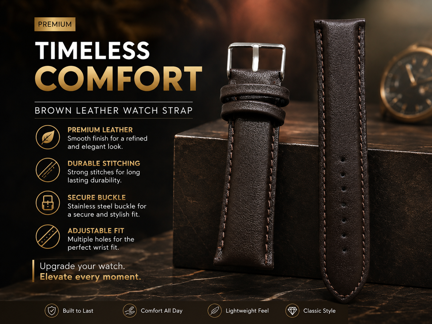 Premium Dark Brown Leather Watch Strap with Silver Buckle – 20mm 3