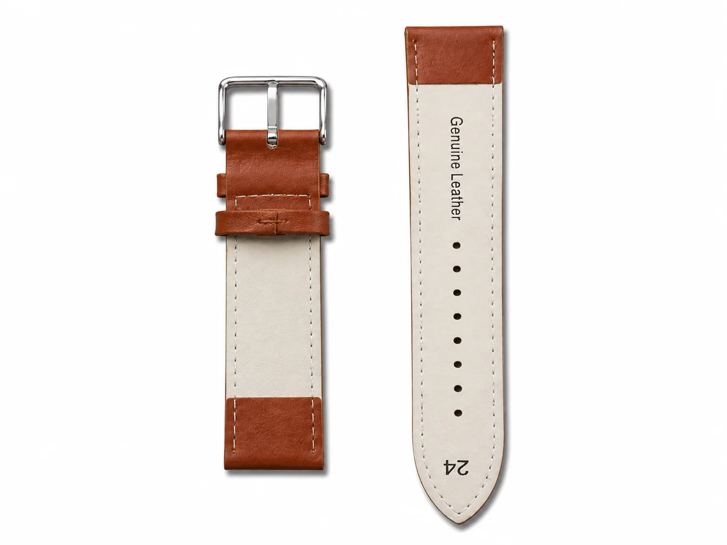 Classic Tan Brown Leather Watch Strap 24mm with Contrast Stitching & Silver Buckle 3