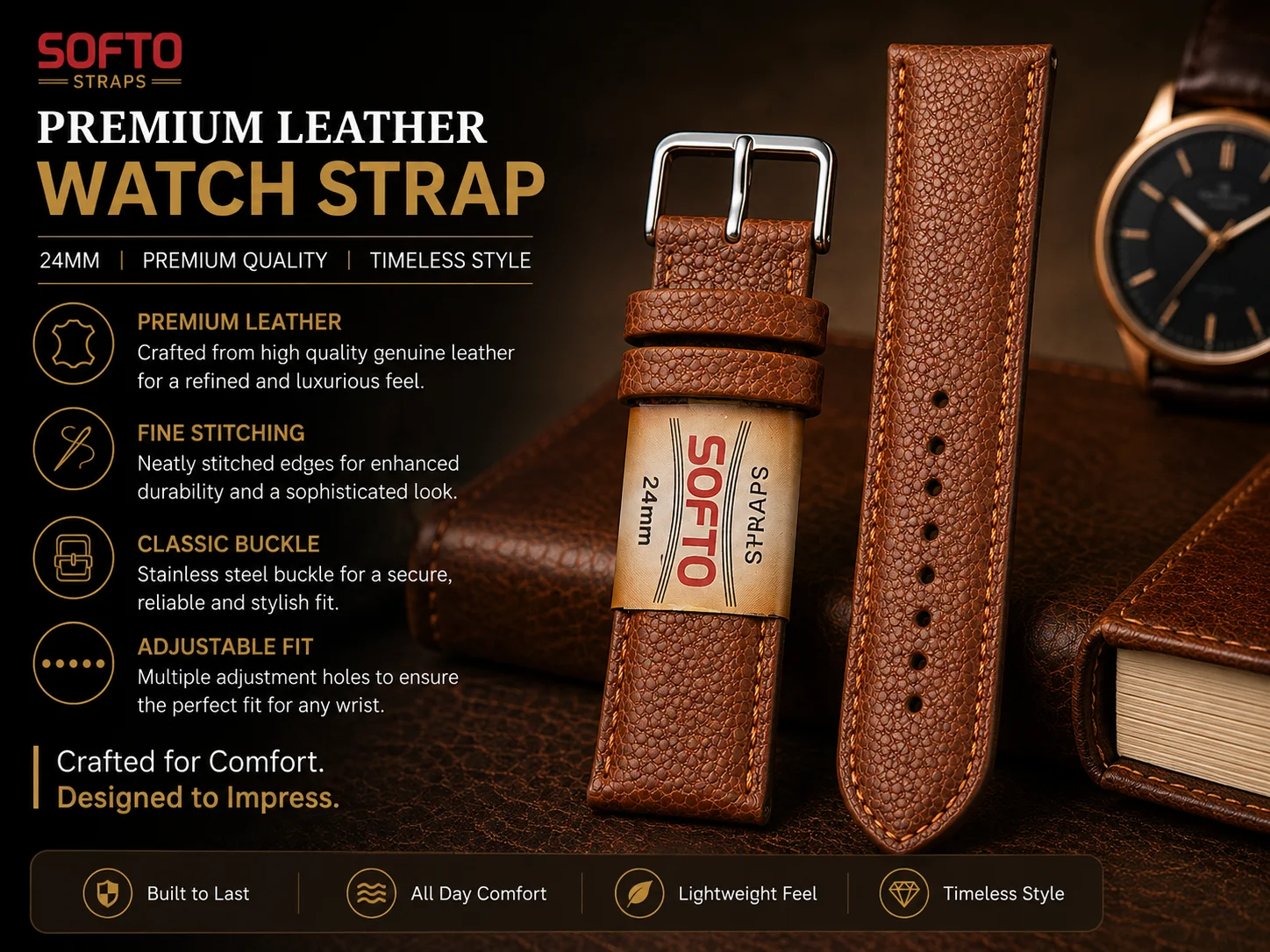 Tan Brown Textured Leather Watch Strap 24mm with Classic Silver Buckle & Contrast Stitching 4