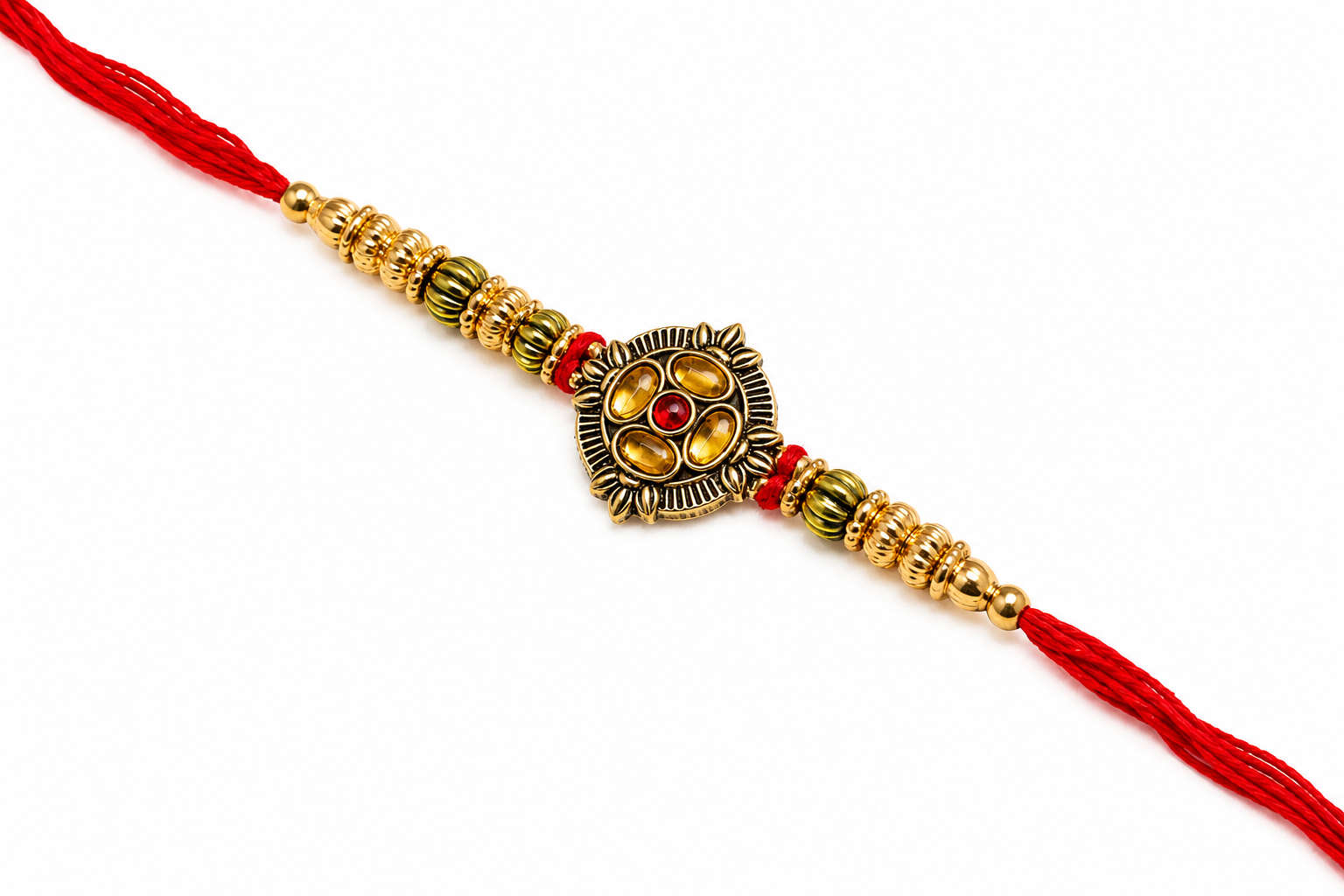 Traditional Red Thread Gold Bead Designer Rakhi 3