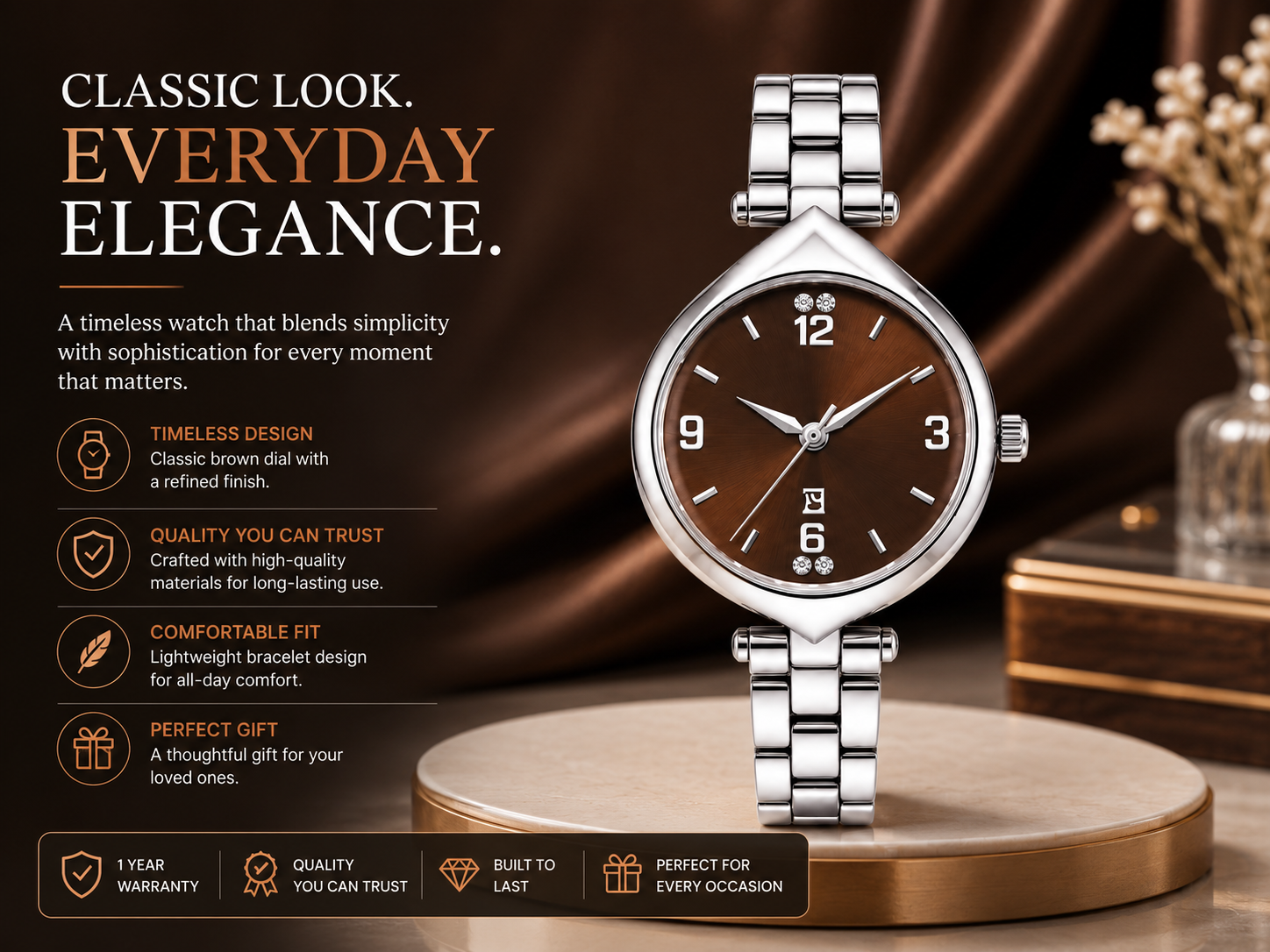 Ladies Stainless Steel Wrist Watch with Brown Dial – Quartz Analog Watch 2