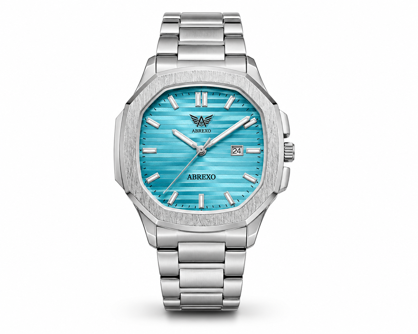 Premium Ice Blue Dial Quartz Wrist Watch with Date Display and Stainless Steel Chain