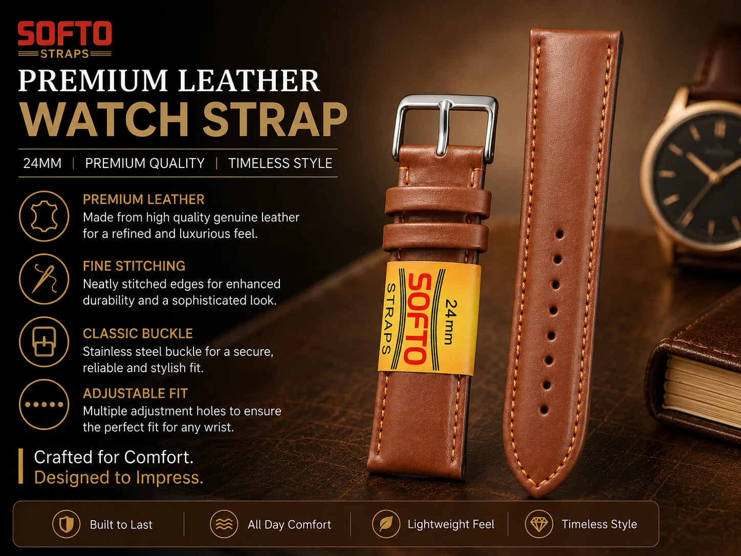 Classic Tan Brown Leather Watch Strap 24mm with Contrast Stitching & Silver Buckle 2