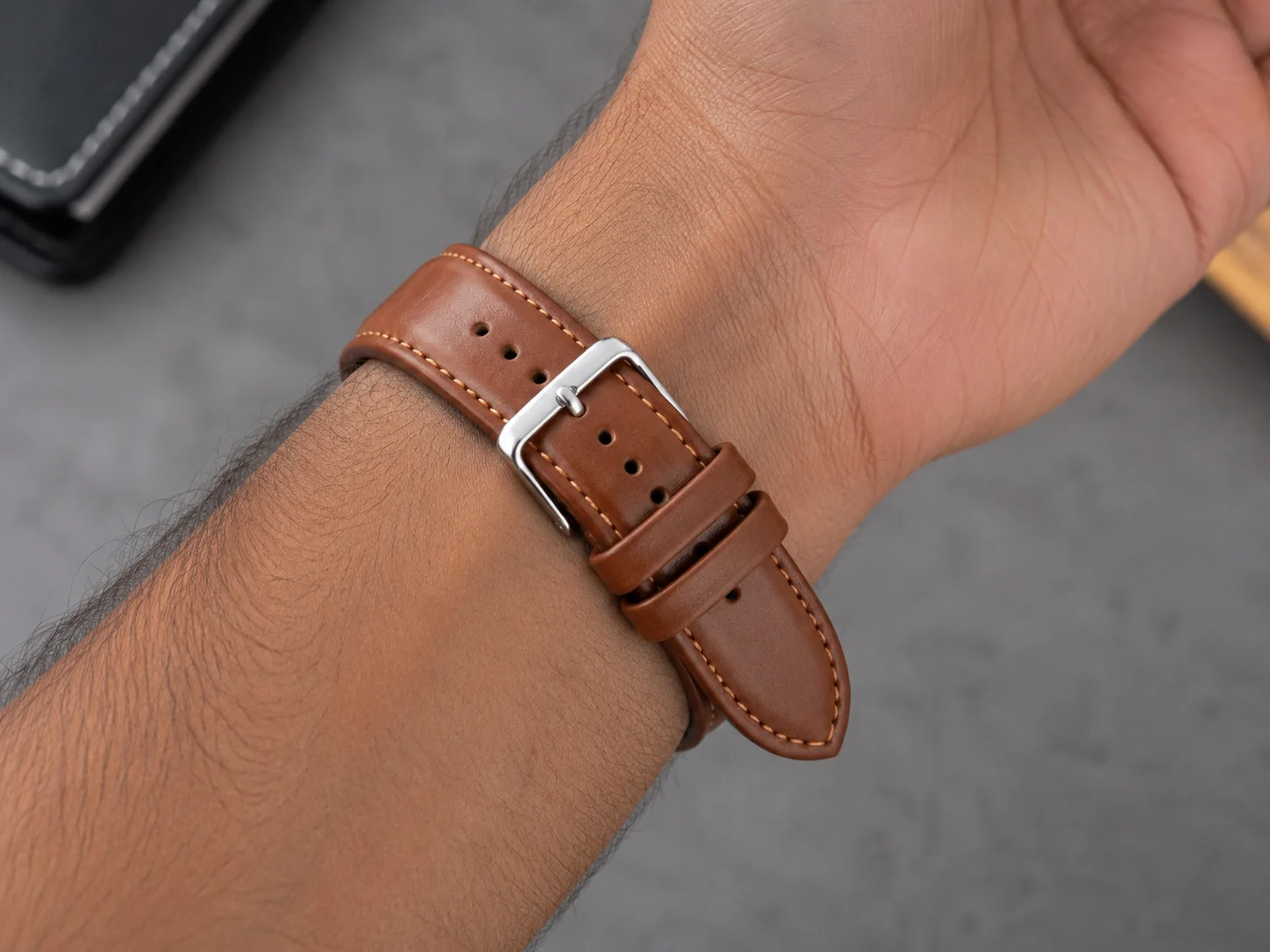 Classic Tan Brown Leather Watch Strap 24mm with Contrast Stitching & Silver Buckle 4