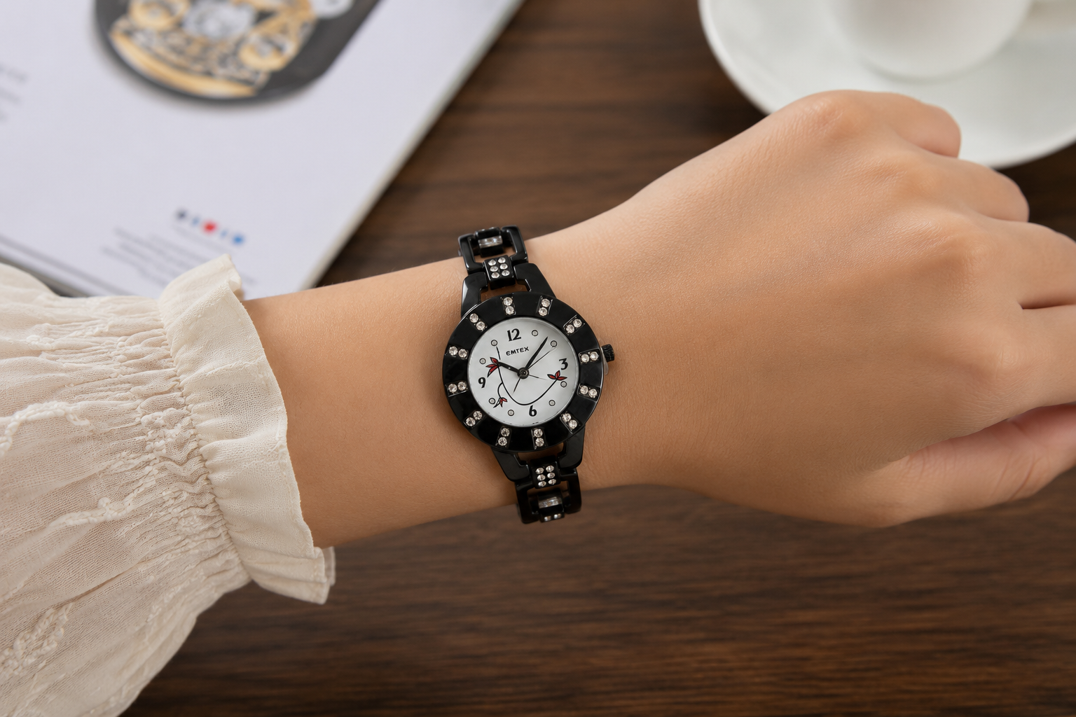 Emtex Black Ladies Wrist Watch with Stone Work & Butterfly Dial 2