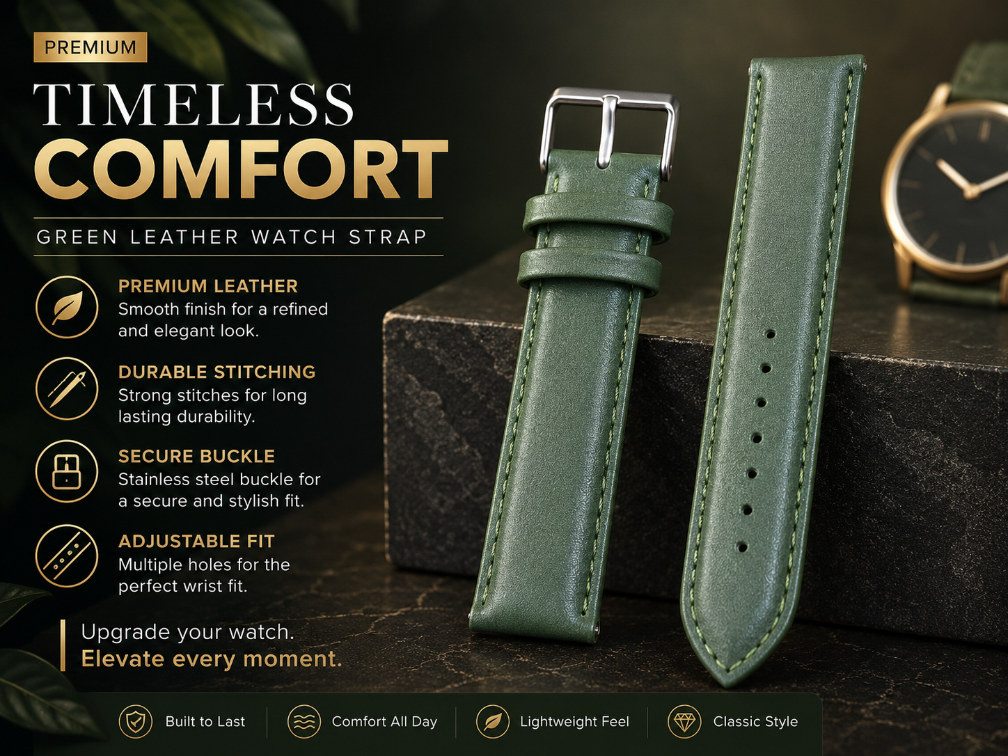 Dark Green Premium Leather Watch Strap 22mm with Contrast Stitching 3