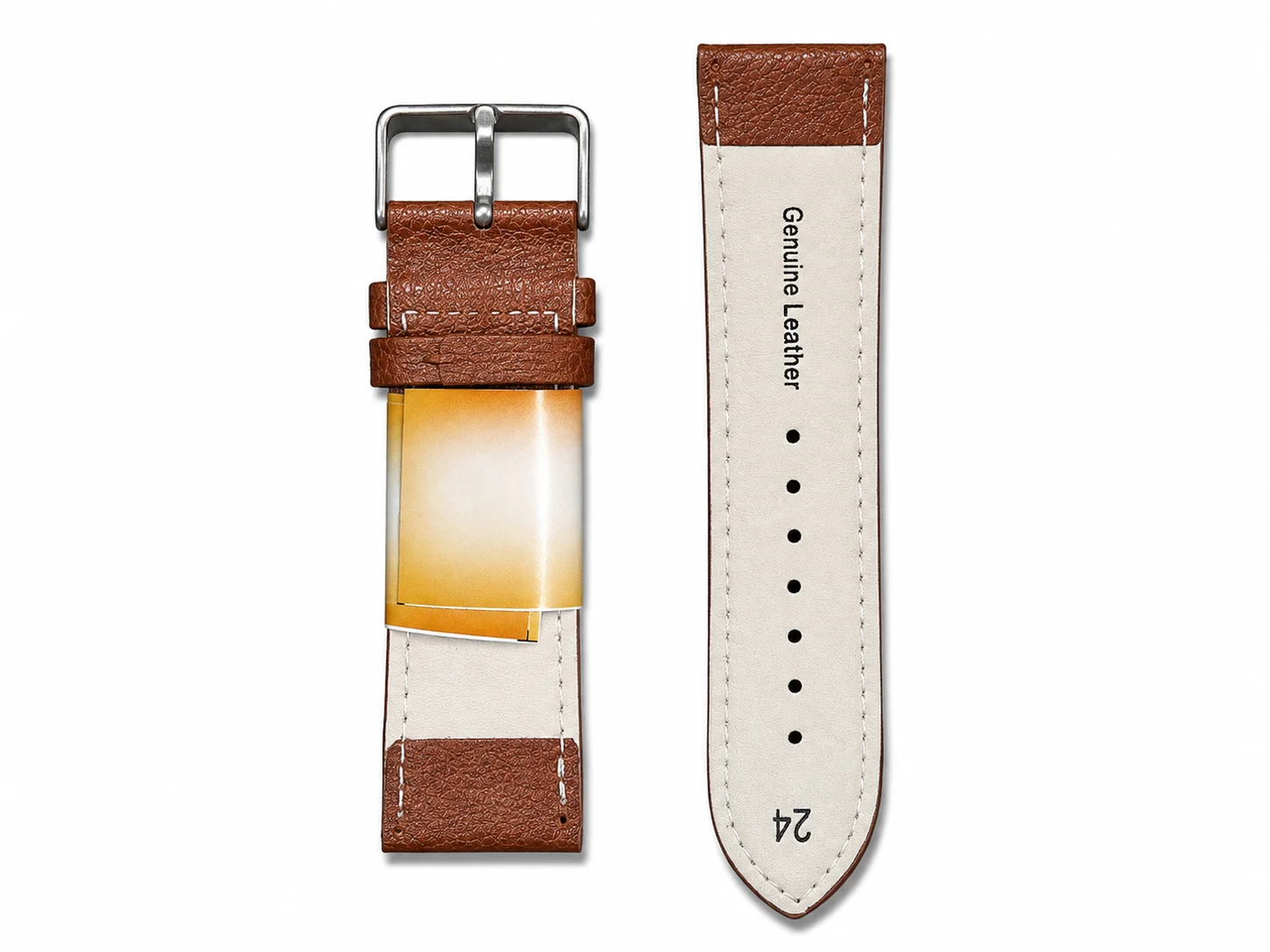 Tan Brown Textured Leather Watch Strap 24mm with Classic Silver Buckle & Contrast Stitching 3