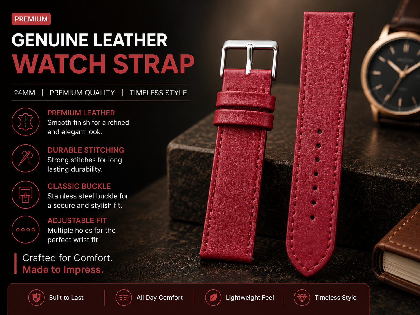 Red Leather Watch Strap 22mm with Matching Stitching 3