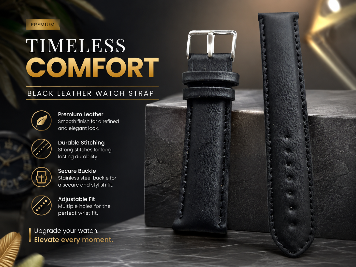 Premium Black Leather Watch Strap with Silver Buckle – 20mm 3