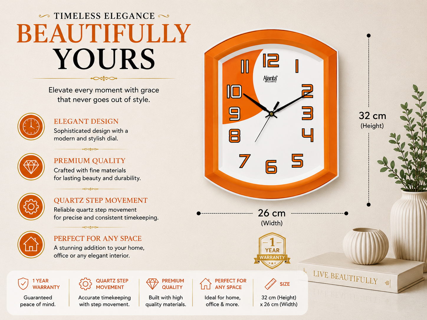 Ajanta 1997 Orange Fancy Wall Clock – Office, Hotel, Home Use 2