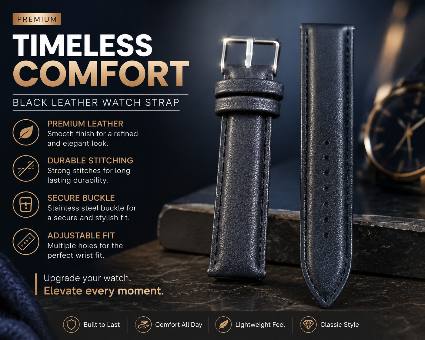 Black Textured Leather Watch Strap 20mm with Silver Buckle 3