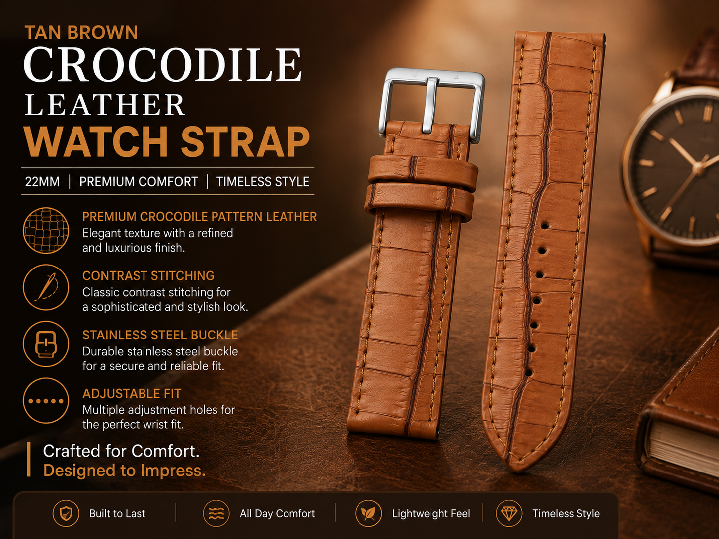 Tan Brown Crocodile Pattern Leather Watch Strap 22mm with Contrast Stitching 3