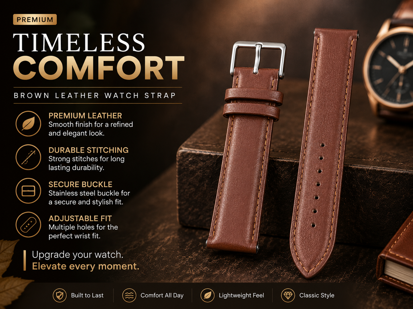 Classic Brown Leather Watch Strap 22mm with Contrast Stitching 3