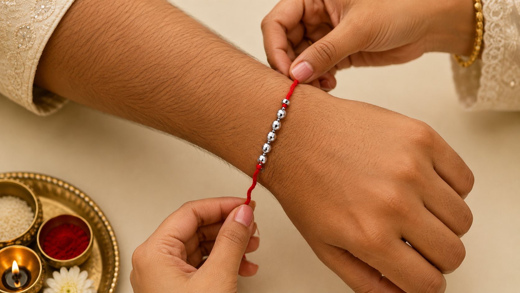 Silver Beads Red Thread Rakhi | Traditional Raksha Bandhan Rakhi 2