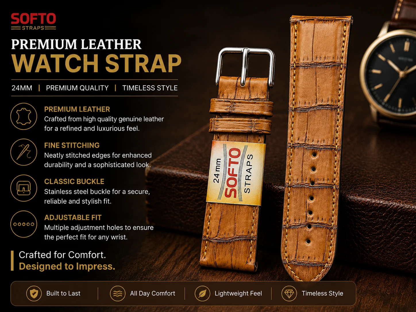 Tan Brown Crocodile Pattern Leather Watch Strap 24mm with Contrast Stitching & Silver Buckle 3