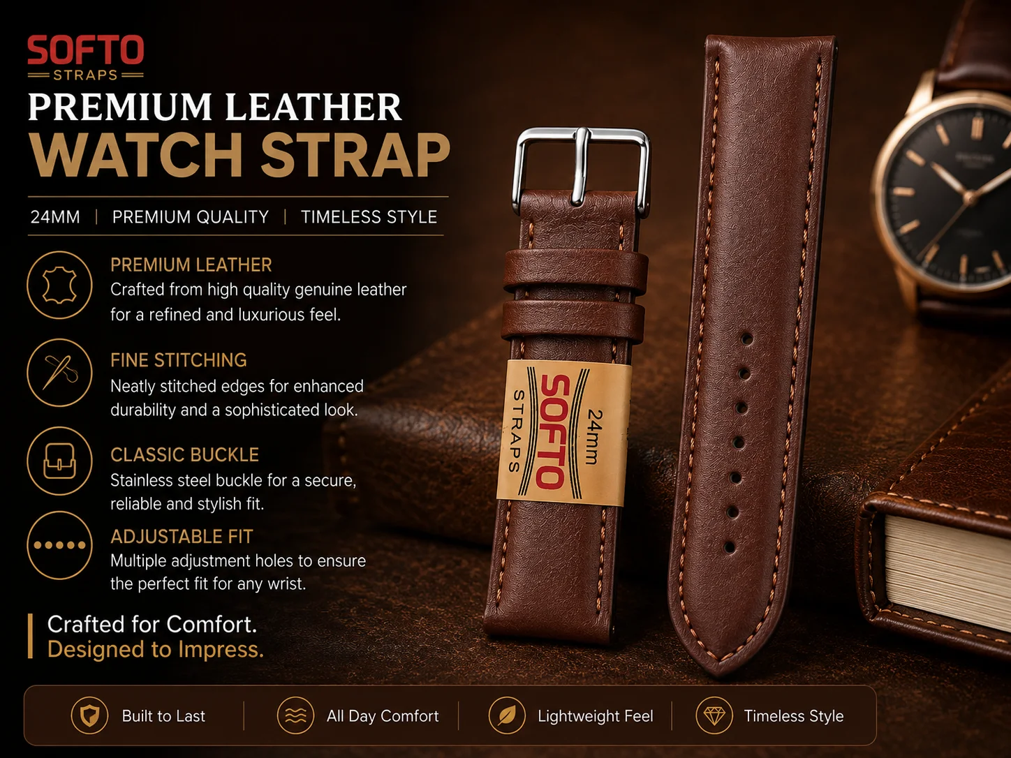 Dark Brown Leather Watch Strap 24mm with Contrast Stitching & Classic Silver Buckle 2