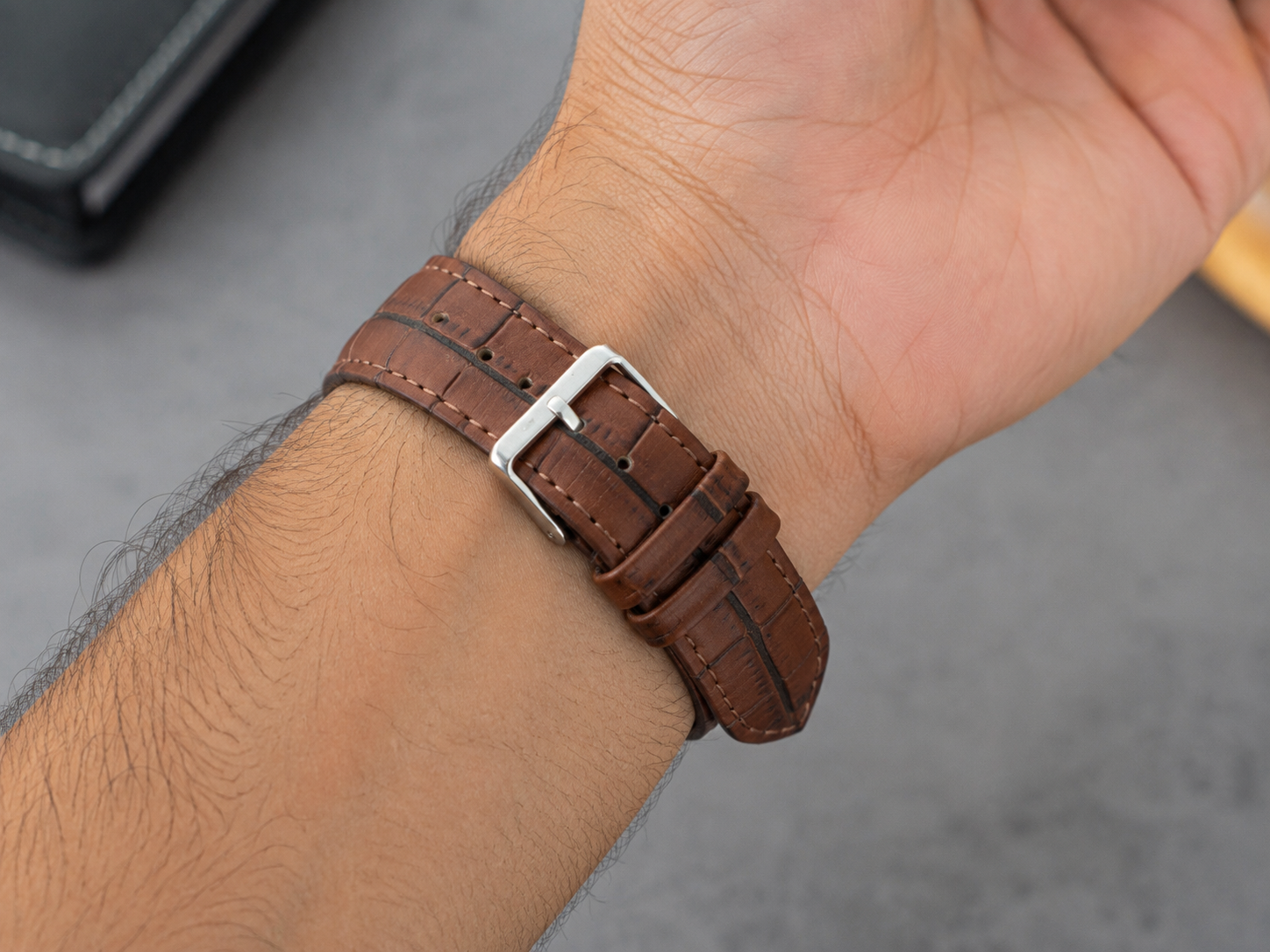 Dark Brown Crocodile Pattern Leather Watch Strap 22mm with Contrast Stitching 4