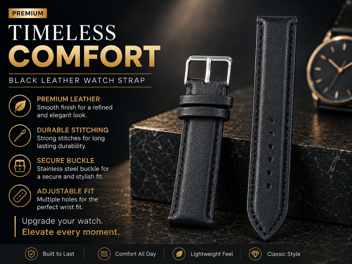 Textured Black Leather Watch Strap 22mm with Matching Stitching 3