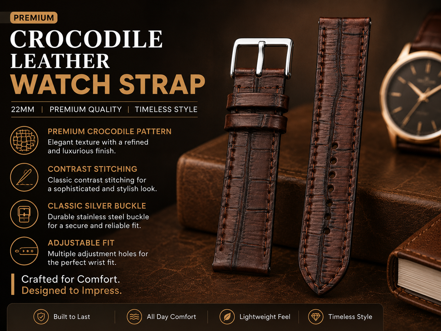 Dark Brown Crocodile Pattern Leather Watch Strap 22mm with Contrast Stitching 3