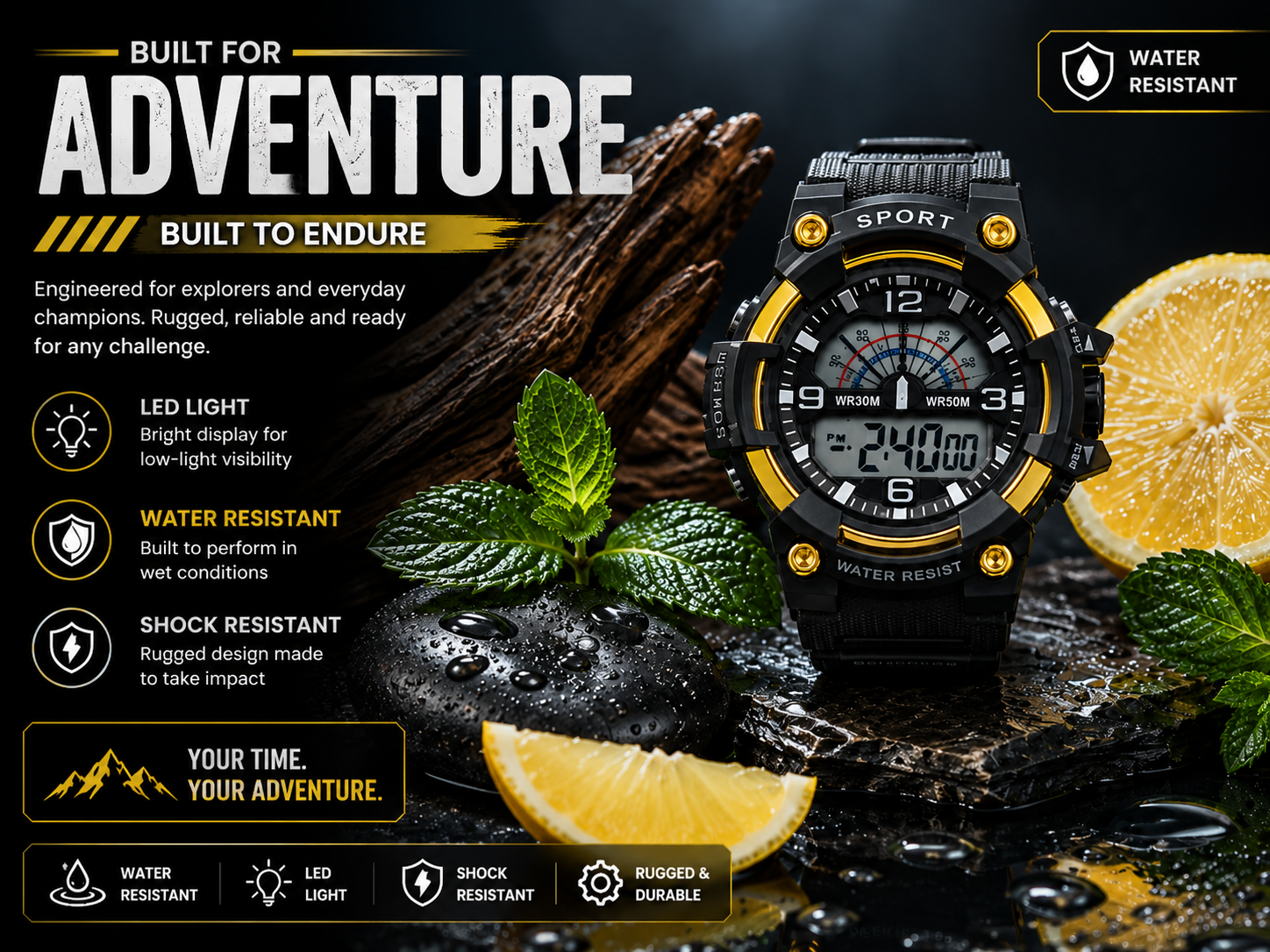 Black Gold Water Resistant Digital Sports Watch for Men Rugged Outdoor Wrist Watch 2